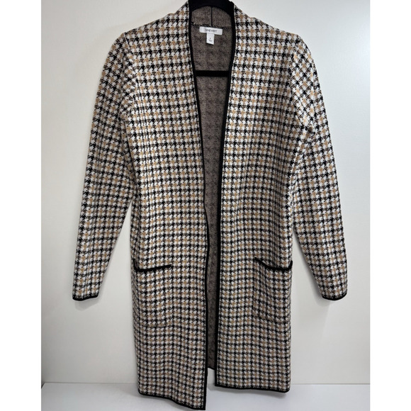 Nine West Sweater Long Cardigan Size Small Houndstooth Open Front With Pockets - Picture 1 of 7